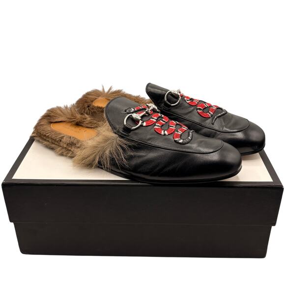 GUCCI Princetown Snake Fur Lined Mules Slides Black Leather Horsebit Sz 11 $995 - Picture 2 of 12